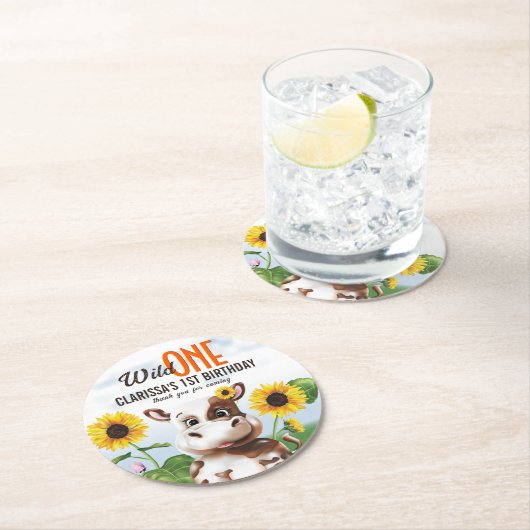 Bruine Koe Zonnebloem Meisje Eerste Verjaardag Ronde Kartonnen Onderzetter (Insitu)