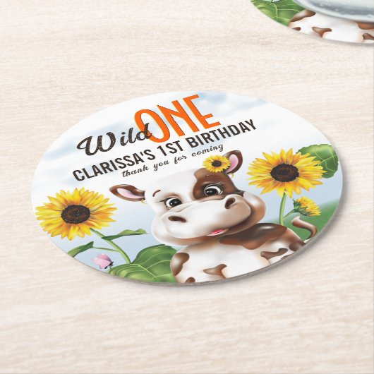 Bruine Koe Zonnebloem Meisje Eerste Verjaardag Ronde Kartonnen Onderzetter (Gebogen)