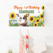 Bruine Koe Zonnebloem Meisje Eerste Verjaardag Spandoek (Insitu)