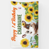 Bruine Koe Zonnebloem Meisje Eerste Verjaardag Spandoek (Verticaal)