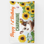 Bruine Koe Zonnebloem Meisje Eerste Verjaardag Spandoek (Verticaal)