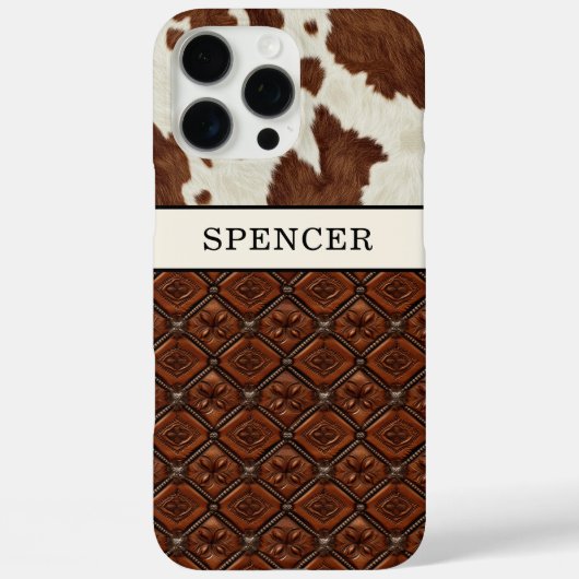 Bruine koeienhuid en leder met monogram Case-Mate iPhone case (Achterkant)