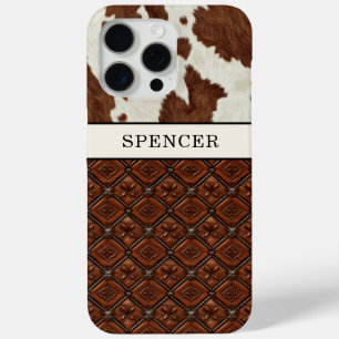 Bruine koeienhuid en leder met monogram iPhone 15 pro max hoesje