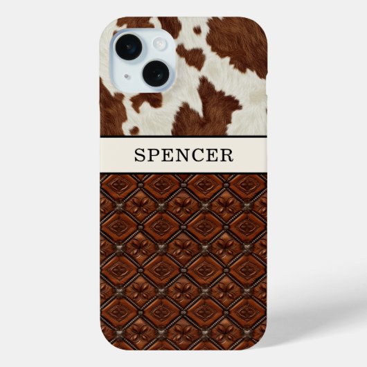 Bruine koeienhuid en leder met monogram Case-Mate iPhone case (Achterkant)