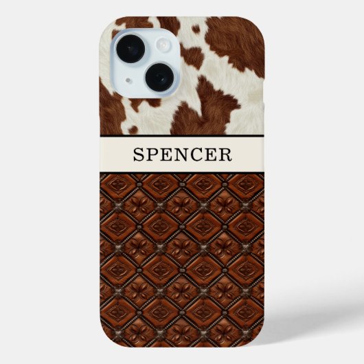 Bruine koeienhuid en leder met monogram Case-Mate iPhone case (Achterkant)