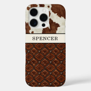 Bruine koeienhuid en leder met monogram iPhone 16 pro hoesje