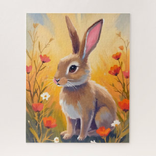 Bruine Konijn Bloemrijk Veld Dier Schilderij Legpuzzel