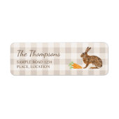 Bruine Konijn En Wortels Beige Gingham Pasen Etiket (Voorkant)