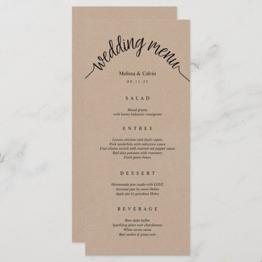 Bruine Kraft-kaart van het Rustic Wedding Menu (Voorkant / Achterkant)