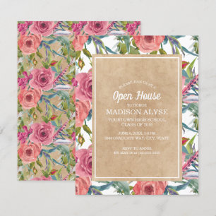 Bruine Kraft Roze Boho Bloemige Afstudeer Open Hui Kaart
