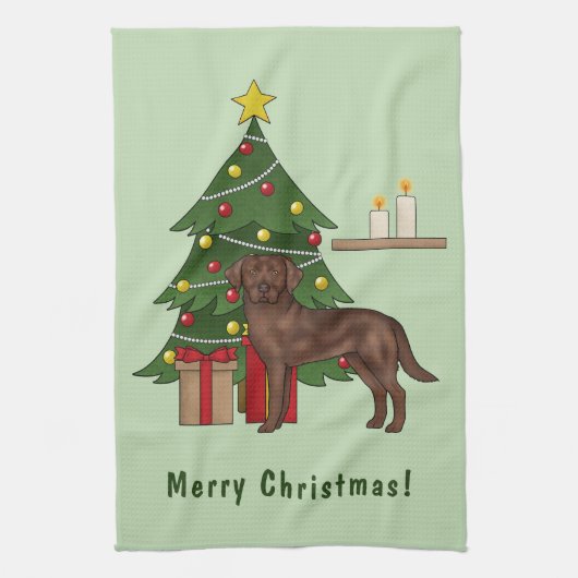 Bruine labrador retriever hond met kerstboom theedoek (Verticaal)