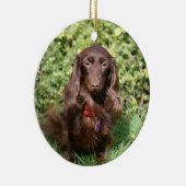 Bruine, langharige miniatuur Dachshund Keramisch Ornament (Rechts)