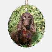 Bruine, langharige miniatuur Dachshund Keramisch Ornament (Links)