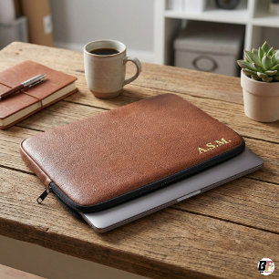 Bruine Leer Textuur Monogram Gepersonaliseerd Laptop Sleeve