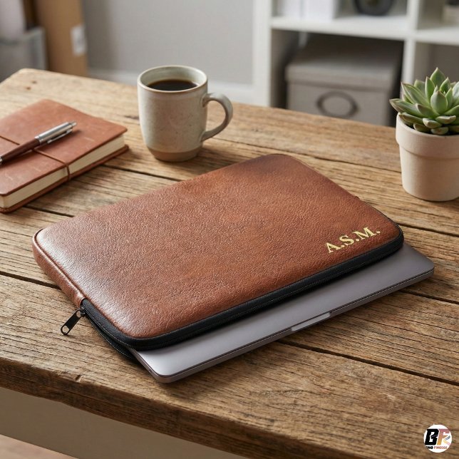 Bruine Leer Textuur Monogram Gepersonaliseerd Laptop Sleeve (Creator heeft geüpload)