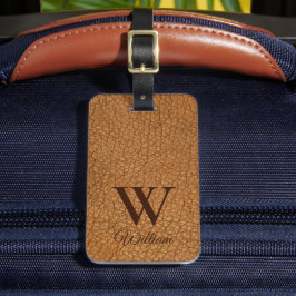 Bruine Leren Textuur Monogram Naam Bagage Label