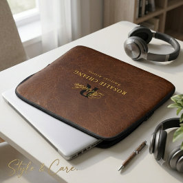 Bruine leren textuur op maat gemaakte laptophoes o laptop sleeve