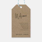 Bruine linnen eenvoudige script welkom trouwcadeau cadeaulabel (Voorkant)