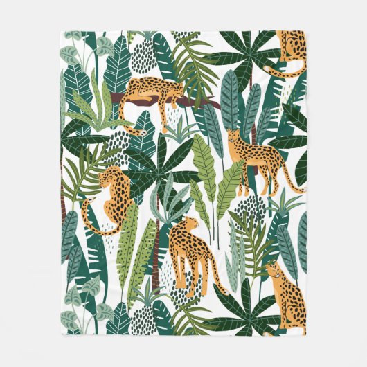 Bruine luipaard in tropisch spoelblad van oerwoud fleece deken (Voorkant)