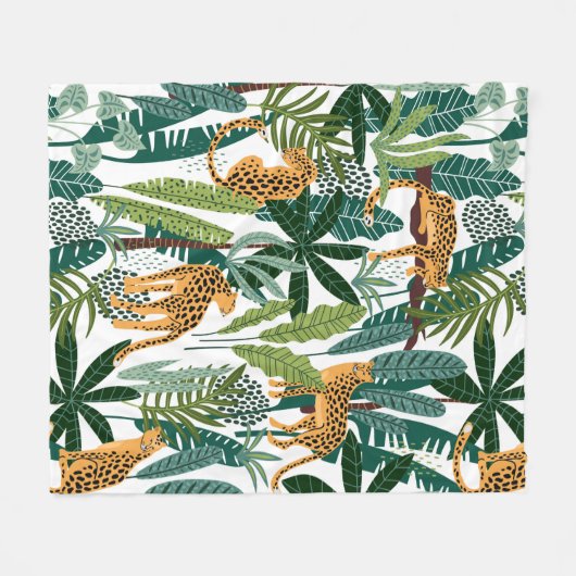 Bruine luipaard in tropisch spoelblad van oerwoud fleece deken (Voorkant (Horizontaal))