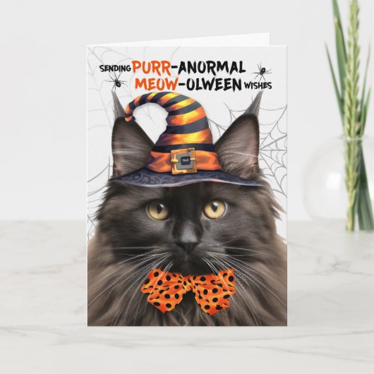 Bruine Maine Coon Kat PURRanormale MEOWolween Feestdagen Kaart (Voorkant)