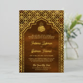 Bruine Marokkaanse Boog Moslim Bruiloft Gouden Fol Folie Uitnodiging (Staand Voorkant)
