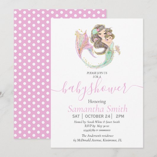 Bruine MERMAID BABY SHOWER Roze Invitation Aankondiging (Voorkant / Achterkant)