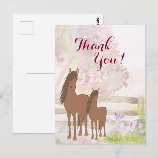  bruine merrie, veulen, bloemenpaard dank u briefkaart (Voorkant / Achterkant)
