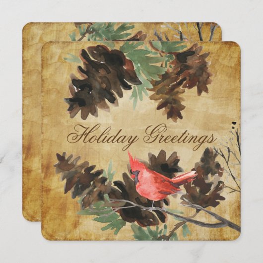 Bruine met rode kardinaal dennenappels kerstkaart (Voorkant / Achterkant)