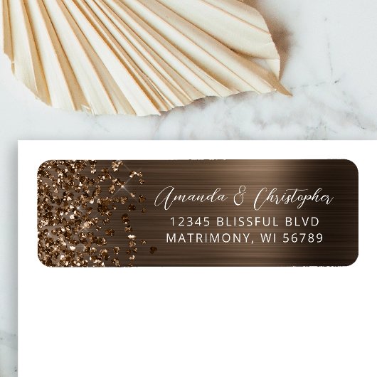 Bruine Metallic Glitter Bruiloft Retouradres Etiket