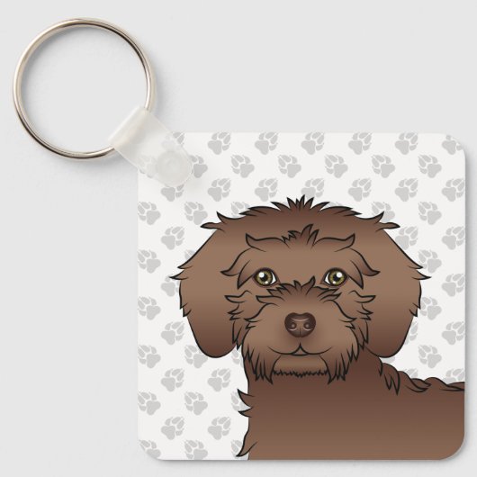 Bruine Mini Goldendoodle Cartoon Hond & Naam Sleutelhanger (Voorkant)