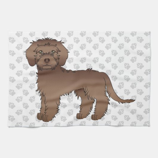 Bruine Mini Goldendoodle Mopshond Cute Cartoon & P Theedoek (Horizontaal)