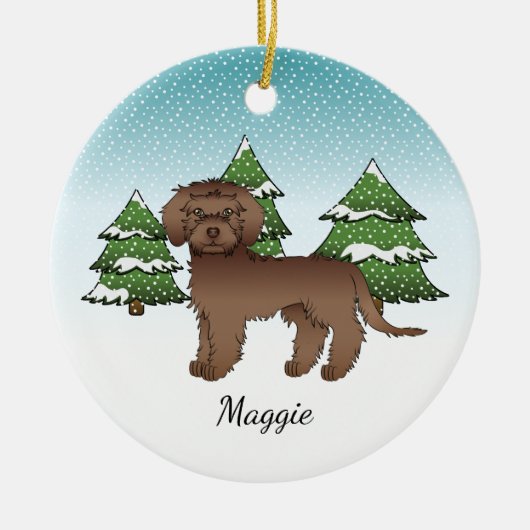 Bruine Mini Goldendoodle - Winter Woud & Naam Keramisch Ornament (Voorkant)