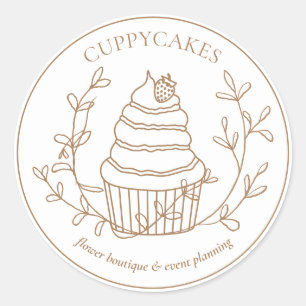Bruine Minimale Bloemige Bakkerij Aardbeien Cupcak Ronde Sticker