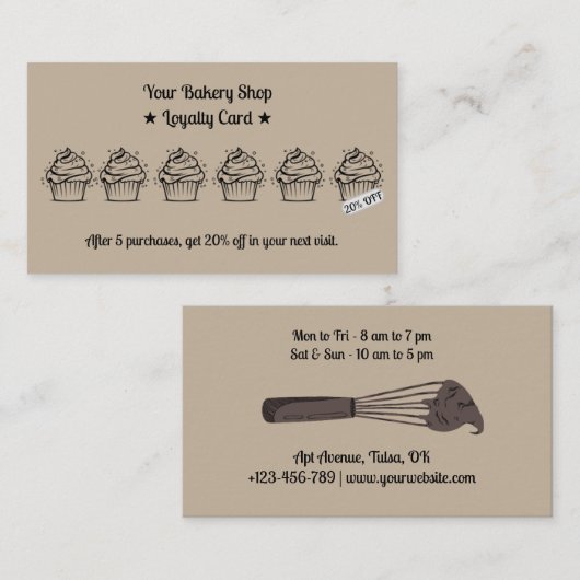 Bruine minimalistische cupcakes bakkerijkorting klantenkaartje (Voorkant / Achterkant)
