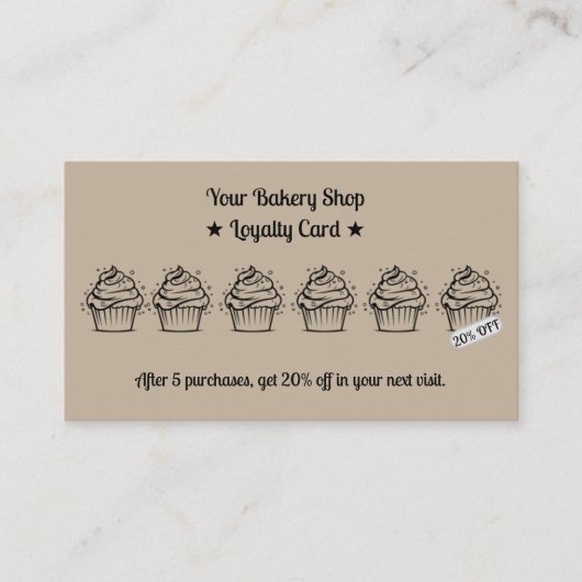Bruine minimalistische cupcakes bakkerijkorting klantenkaartje (Voorkant)