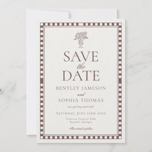 Bruine Mocha Harlekijn Geruite Save the Date Kaart (Voorkant)