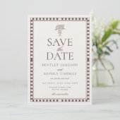 Bruine Mocha Harlekijn Geruite Save the Date Kaart (Staand voorkant)