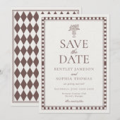 Bruine Mocha Harlekijn Geruite Save the Date Kaart (Voorkant / Achterkant)