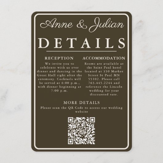 Bruine moderne trouwdetails kaart QR-code & foto (Voorkant)