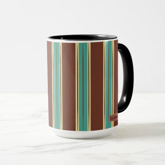 Bruine Mok Cup met Turquoise, Zwart & Beige (Voorkant rechts)