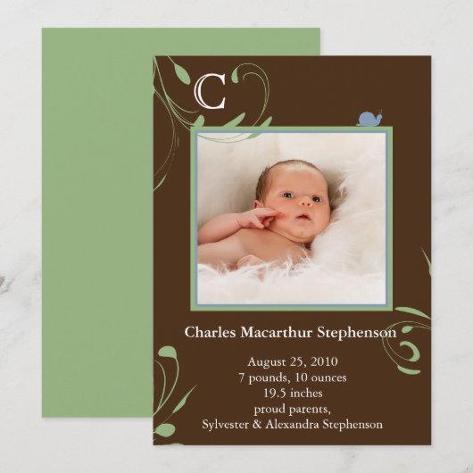 Bruine Monogram Slakken Jongens Geboorteaankondigi Aankondiging (Voorkant / Achterkant)