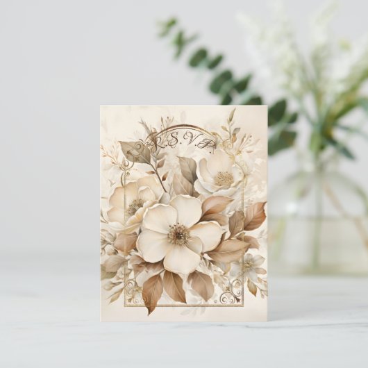 Bruine Monotone en Witte Rozen Gouden Lijst RSVP Kaartje (Staand voorkant)