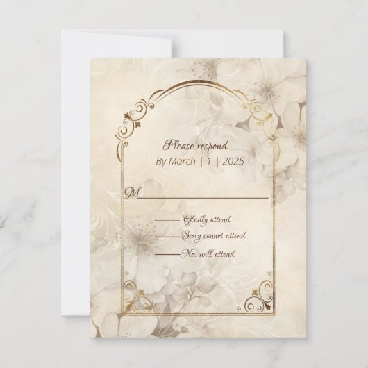 Bruine Monotone en Witte Rozen Gouden Lijst RSVP Kaartje (Achterkant)