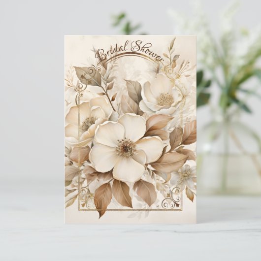 Bruine Monotone en Witte Rozen Gouden Lijst Save The Date (Staand voorkant)