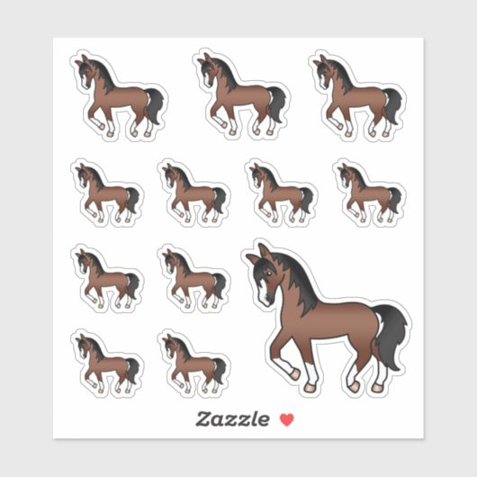 Bruine Moppertige Cartoon Dravende Paarden Sticker (Vel)