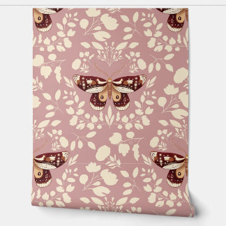 Bruine mot & crème gebladerte behang