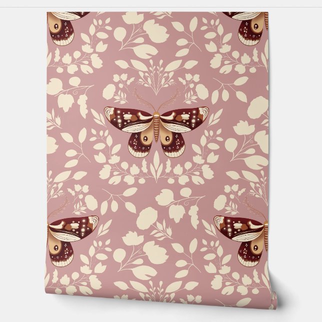 Bruine mot & crème gebladerte behang (Afrollen)