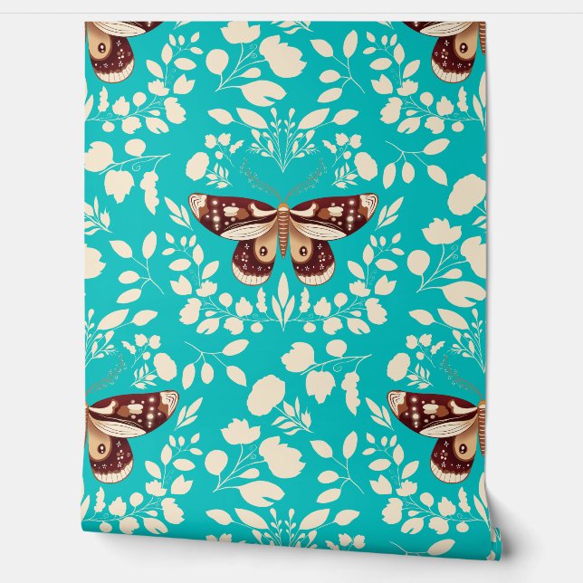 Bruine Moth & Cream Foliage Wallpaper op Turquoise Behang (Afrollen)