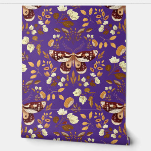 Bruine Moth & Floral Wallpaper Paarse Wallpaper Behang